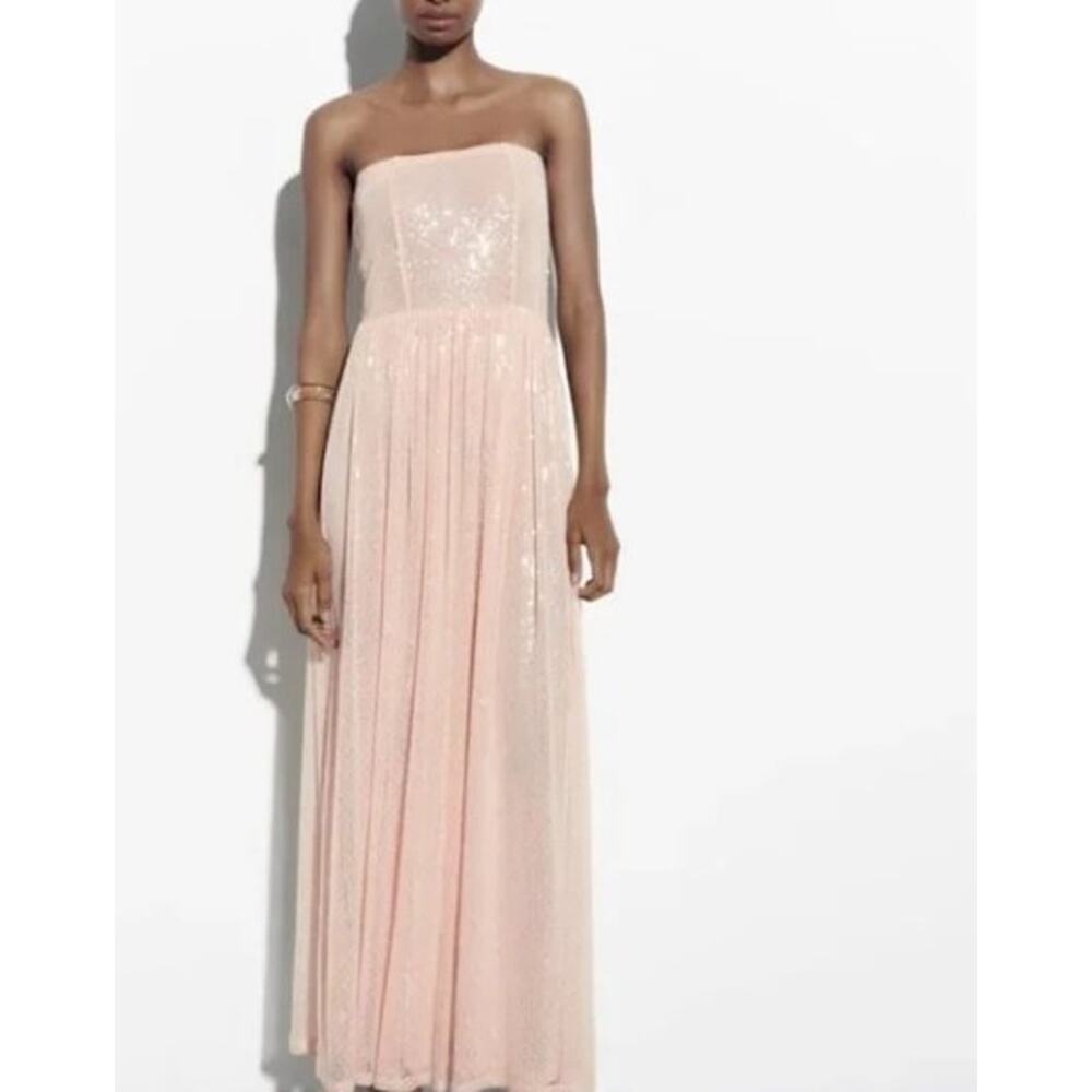 Zara Powder Pink Sequin Strapless Maxi Dress Stretch Fit Size Medium